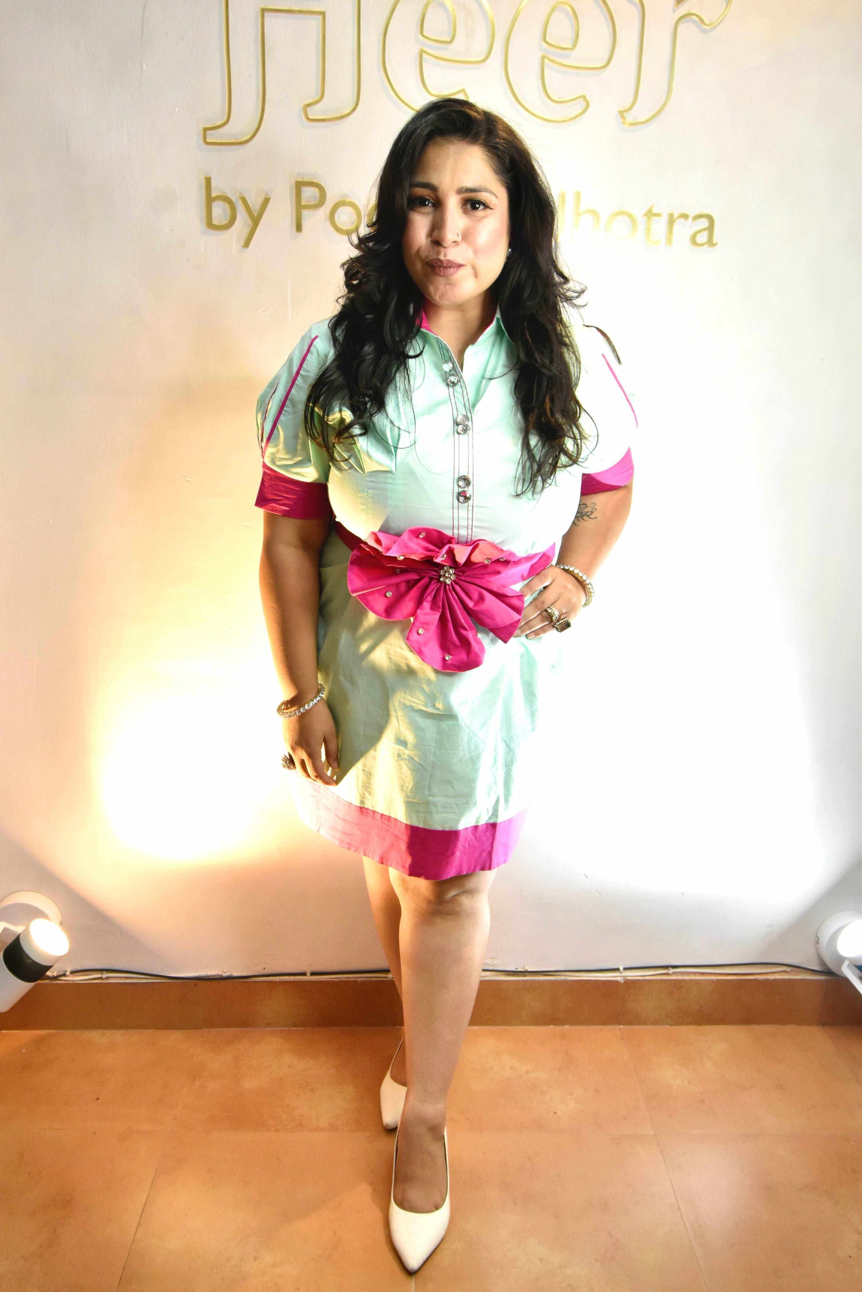 Seafoam dress with 3D pink flower - Heer by Pooja