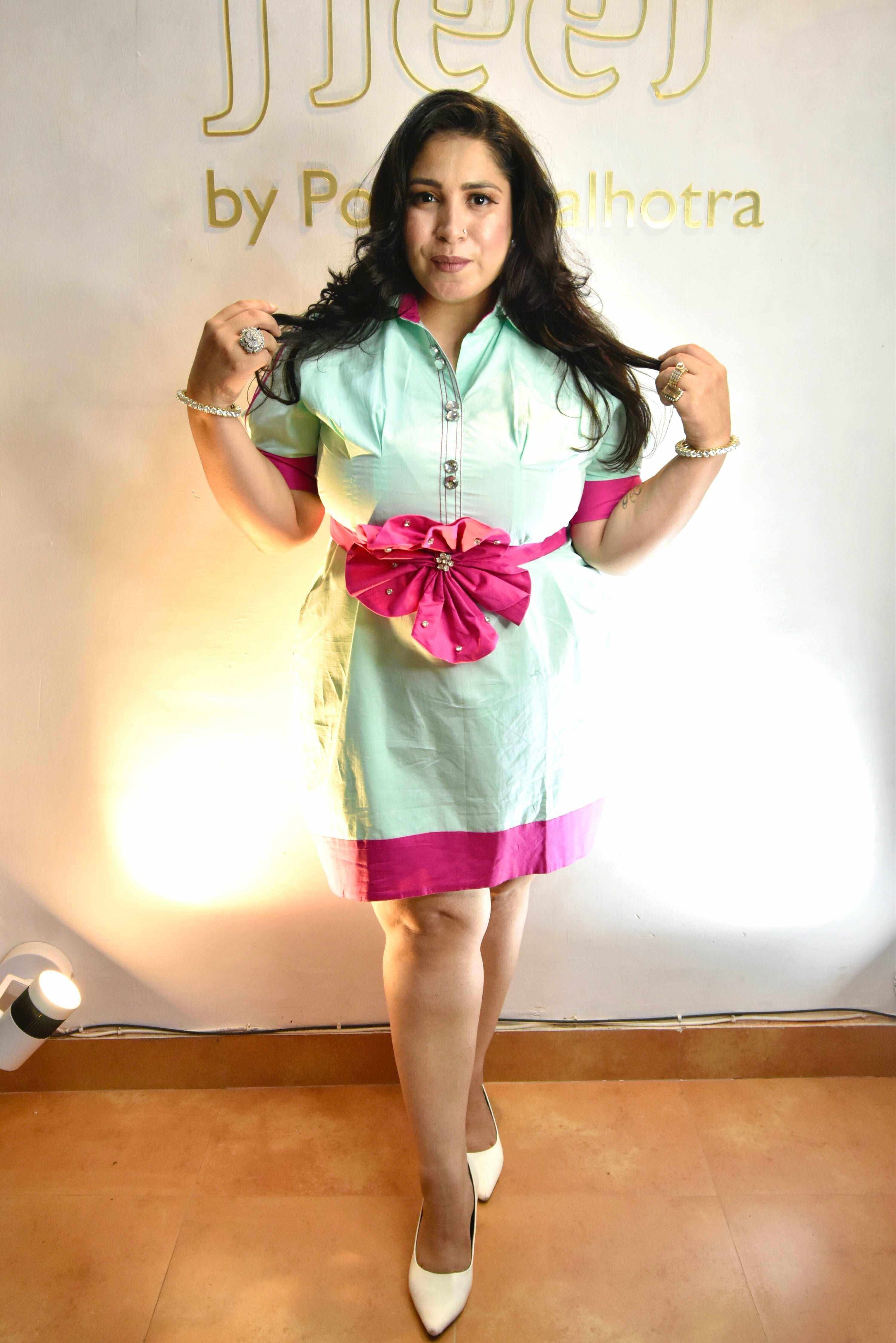 Seafoam dress with 3D pink flower - Heer by Pooja