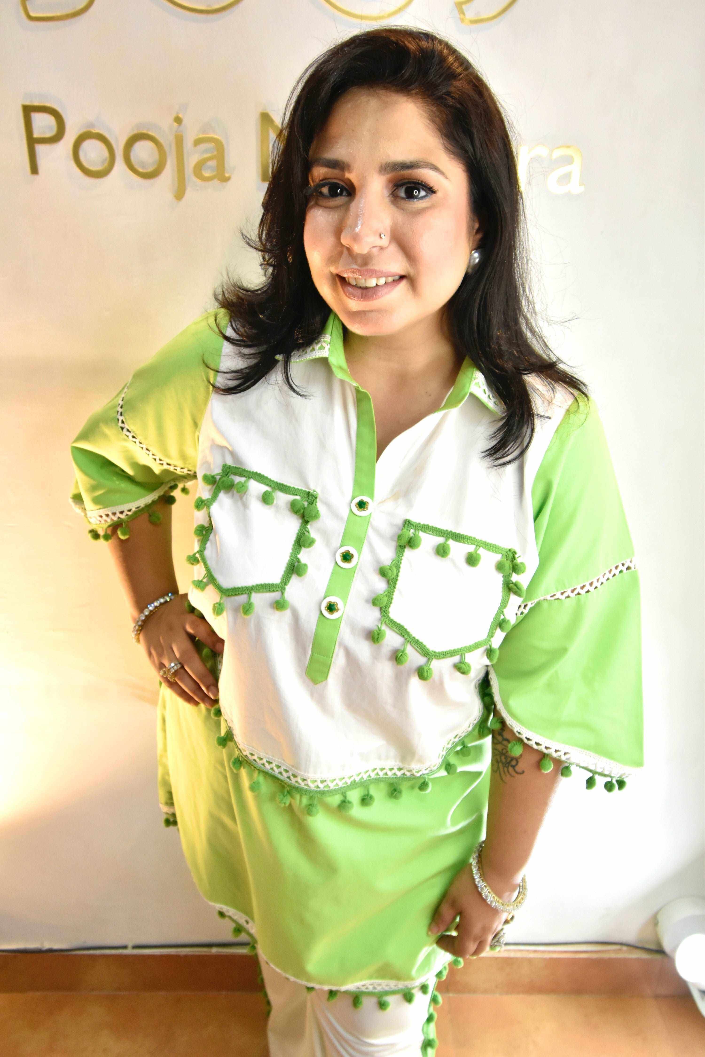Green set with white polar pants - Heer by Pooja