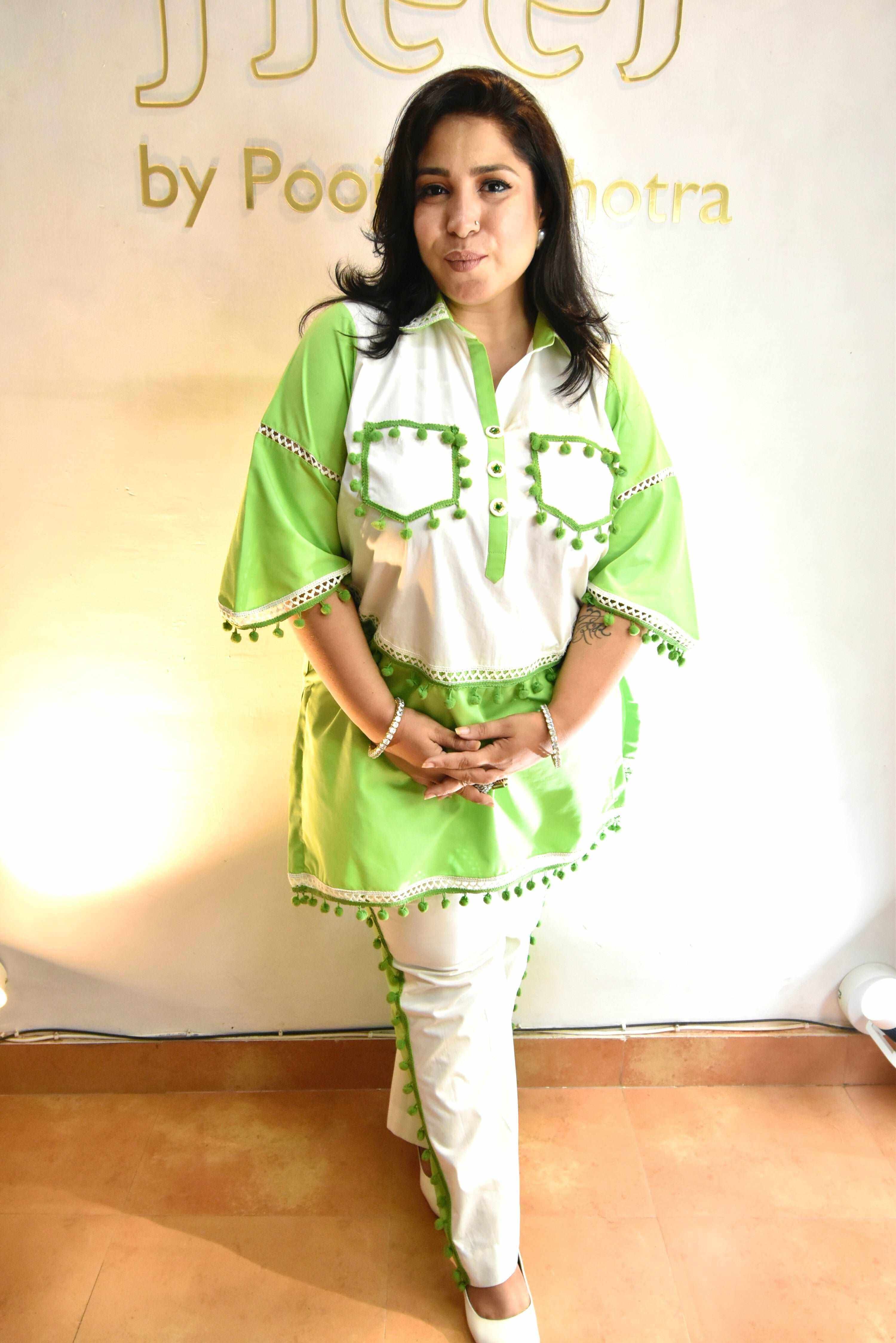 Green set with white polar pants - Heer by Pooja