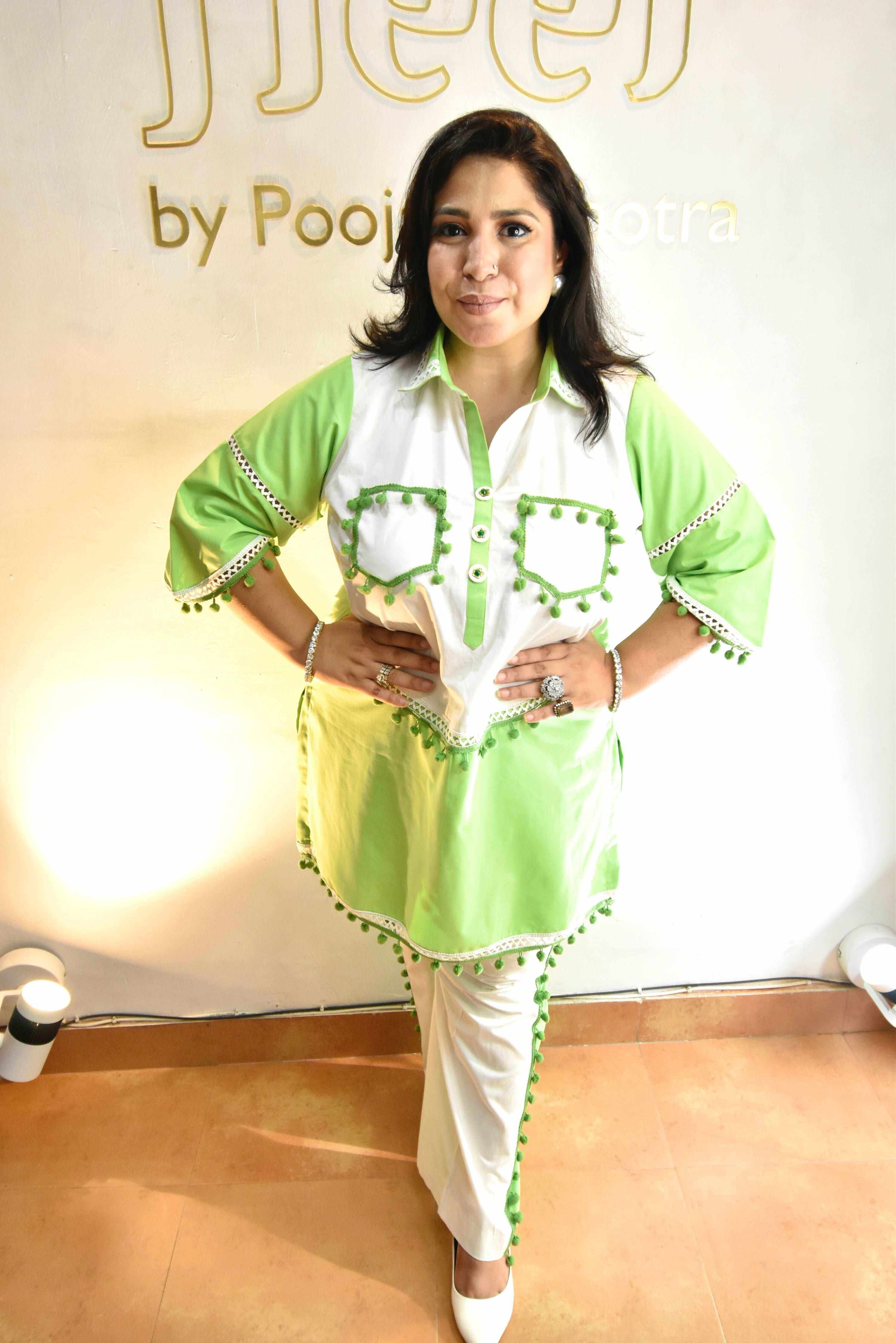 Green set with white polar pants - Heer by Pooja