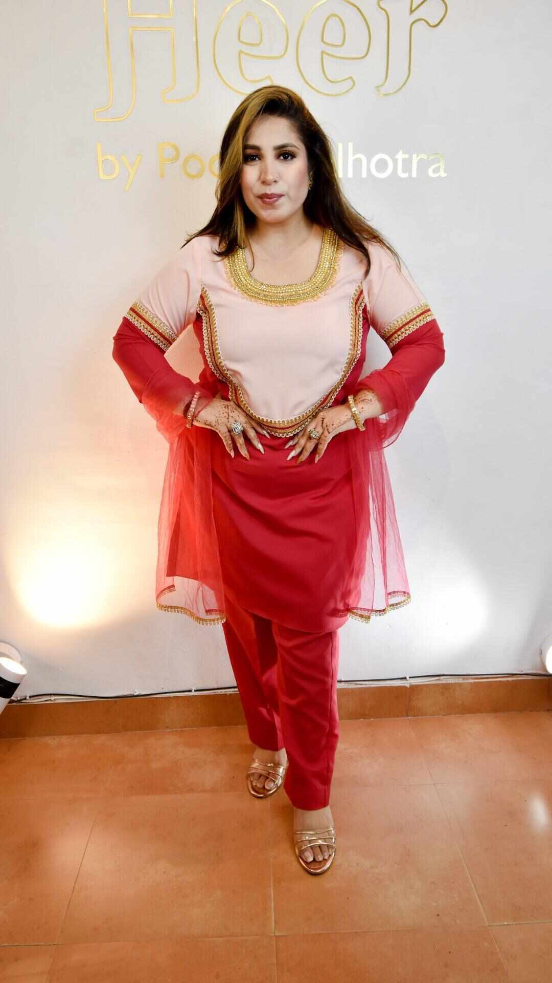 Peach and red suit with net dupatta - Heer by Pooja
