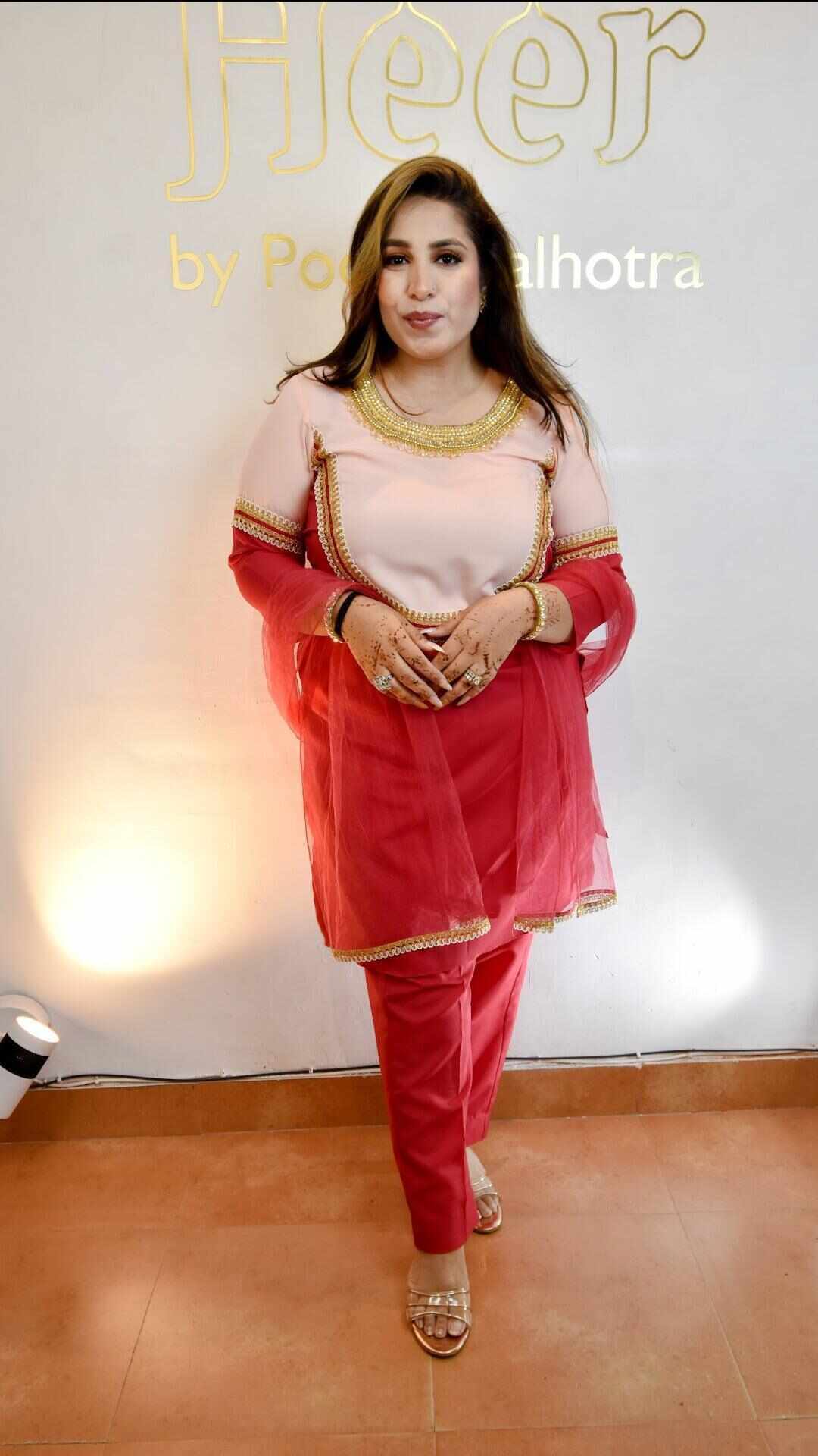 Peach and red suit with net dupatta - Heer by Pooja
