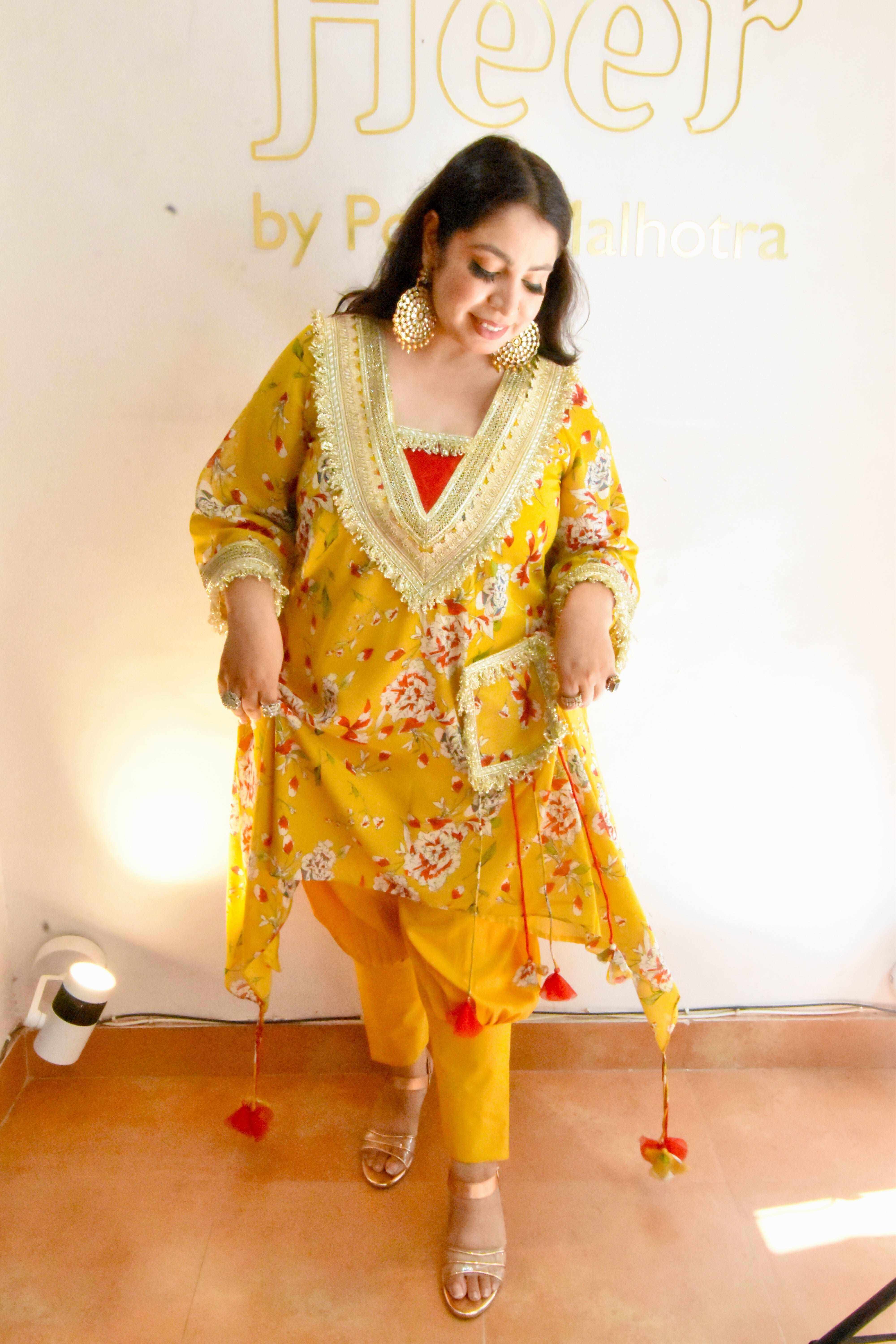 Mustard & red color tunic set with gotta work - Heer by Pooja