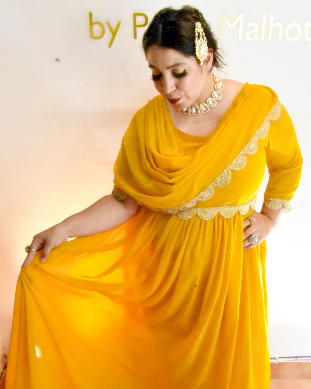 Honey gold long drape dress
