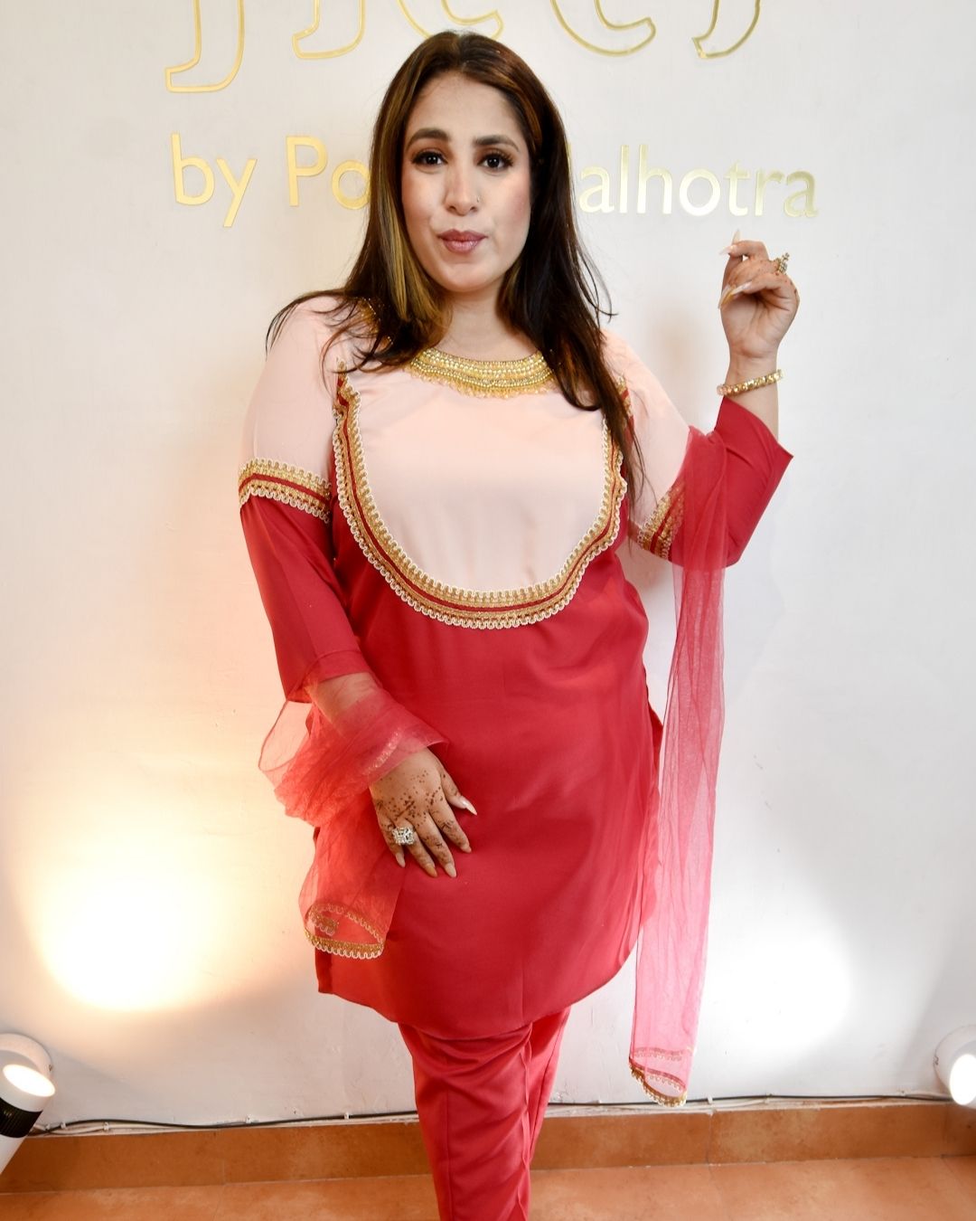 Peach and red suit with net dupatta