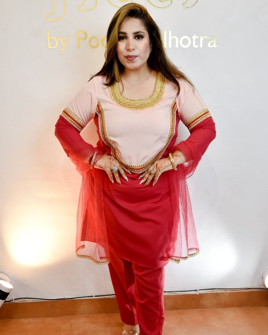 Peach and red suit with net dupatta
