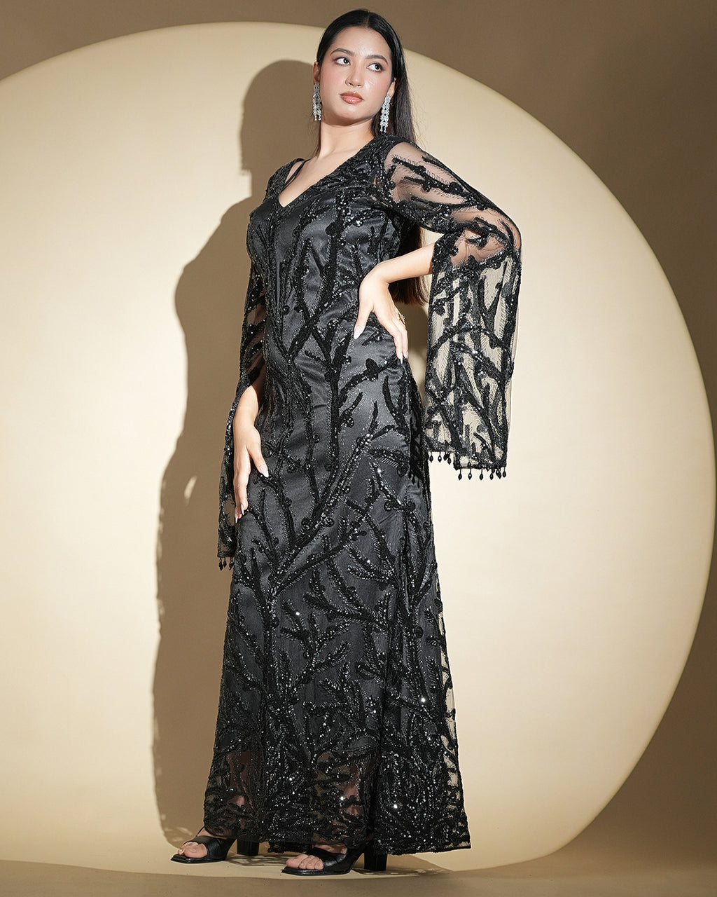 Black Embellished Maxi Dress with Sheer Bell Sleeves