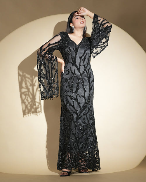 Black Embellished Maxi Dress with Sheer Bell Sleeves