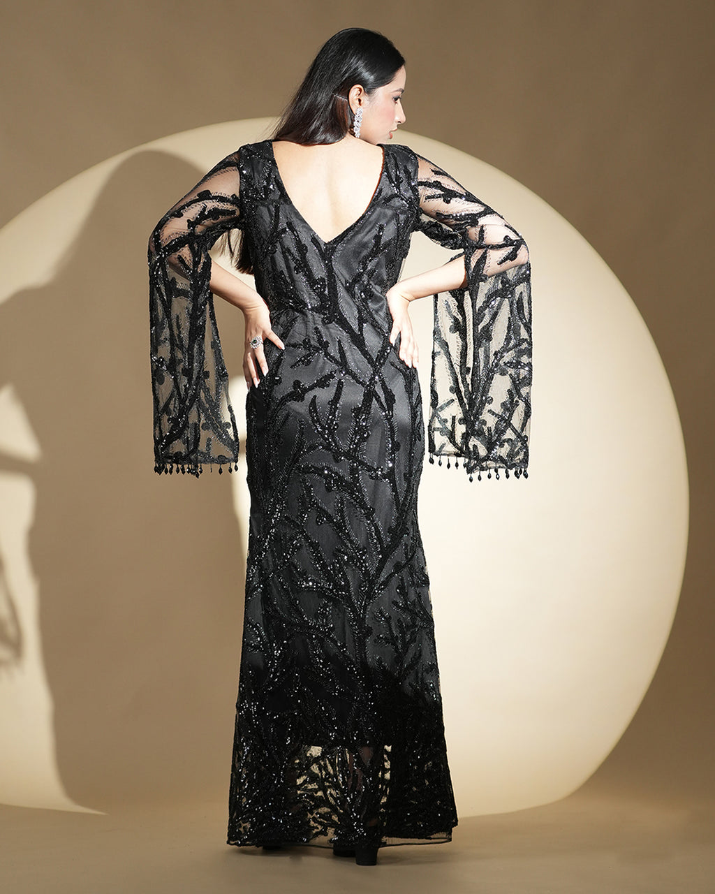Black Embellished Maxi Dress with Sheer Bell Sleeves