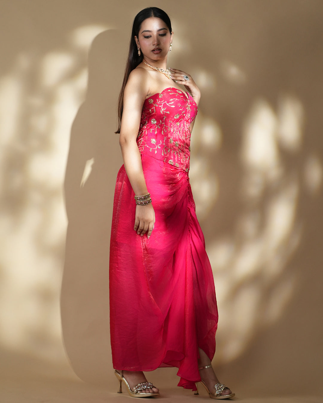 Hot Pink embroidered drape gown with corset blouse
