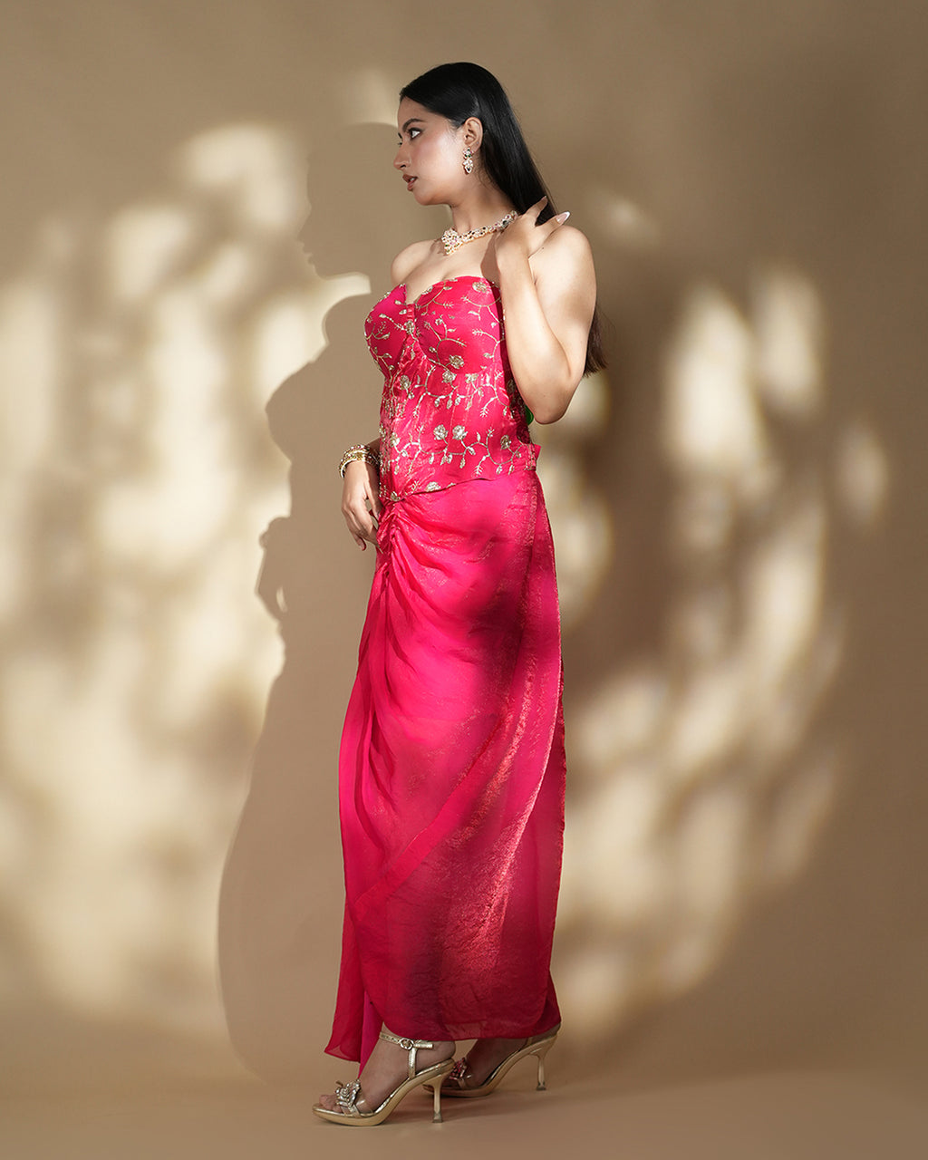 Hot Pink embroidered drape gown with corset blouse