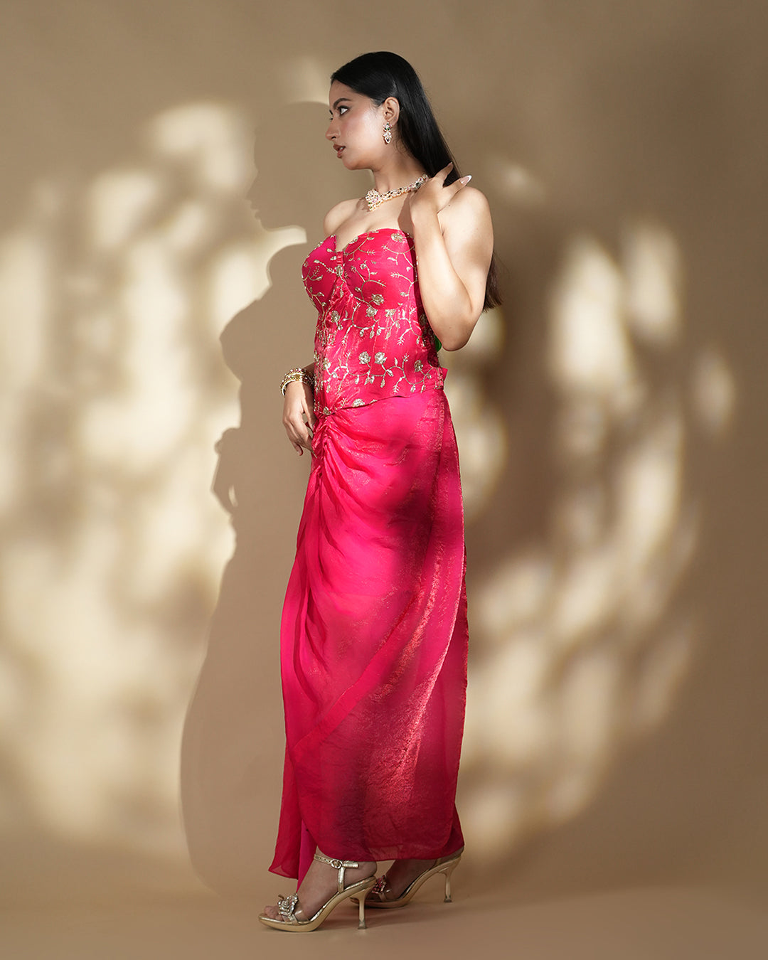 Hot Pink embroidered drape gown with corset blouse