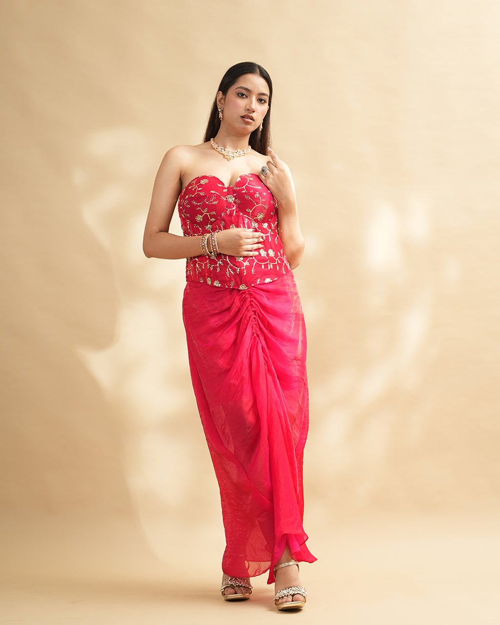 Hot Pink embroidered drape gown with corset blouse
