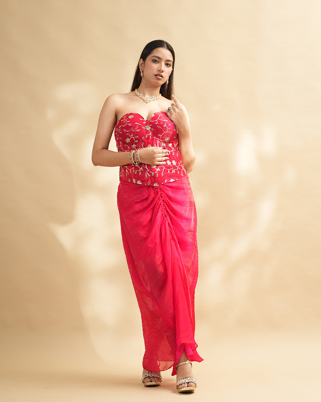 Hot Pink embroidered drape gown with corset blouse