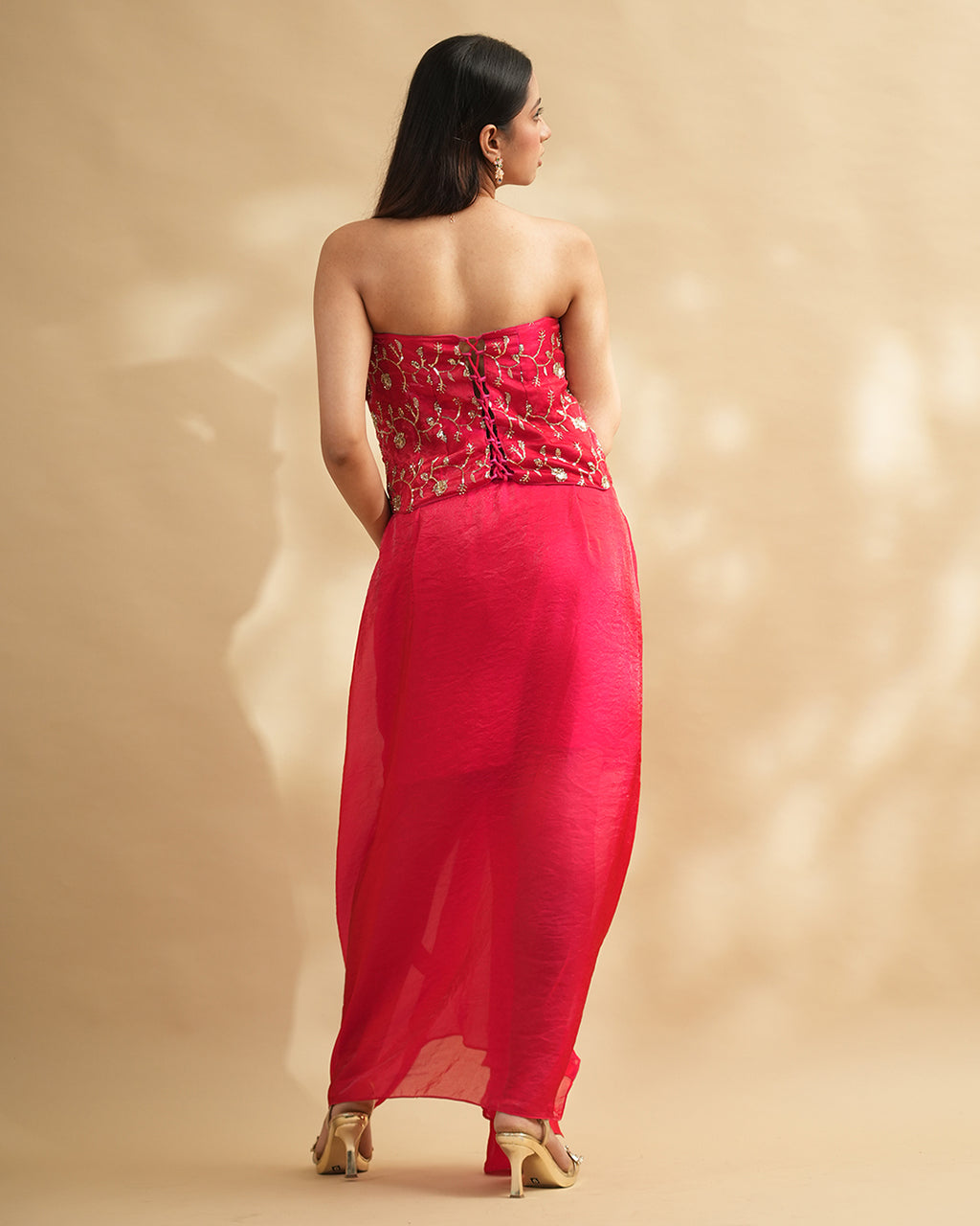 Hot Pink embroidered drape gown with corset blouse
