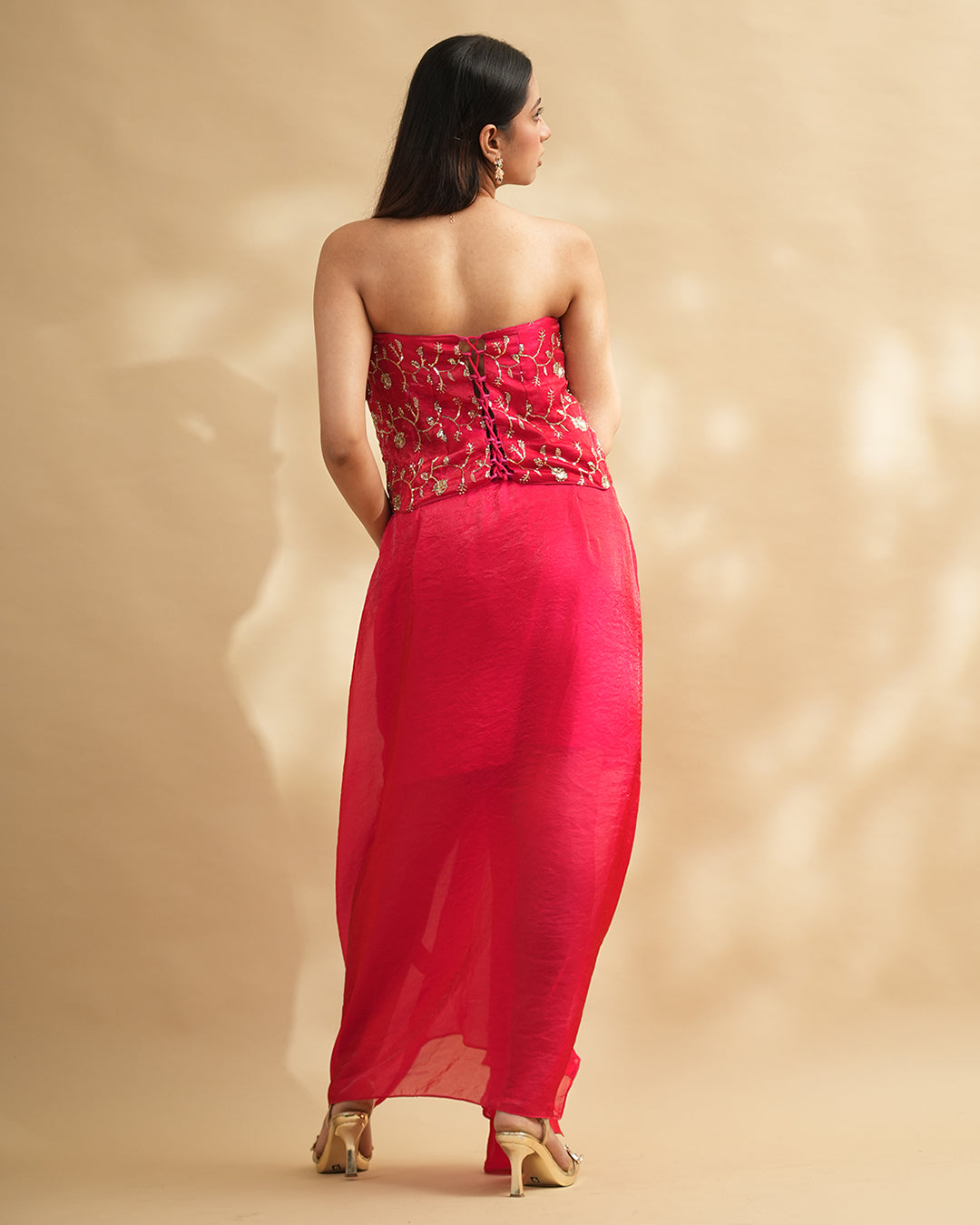 Hot Pink embroidered drape gown with corset blouse