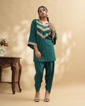 Teal green embellished kurta set with tulip pants