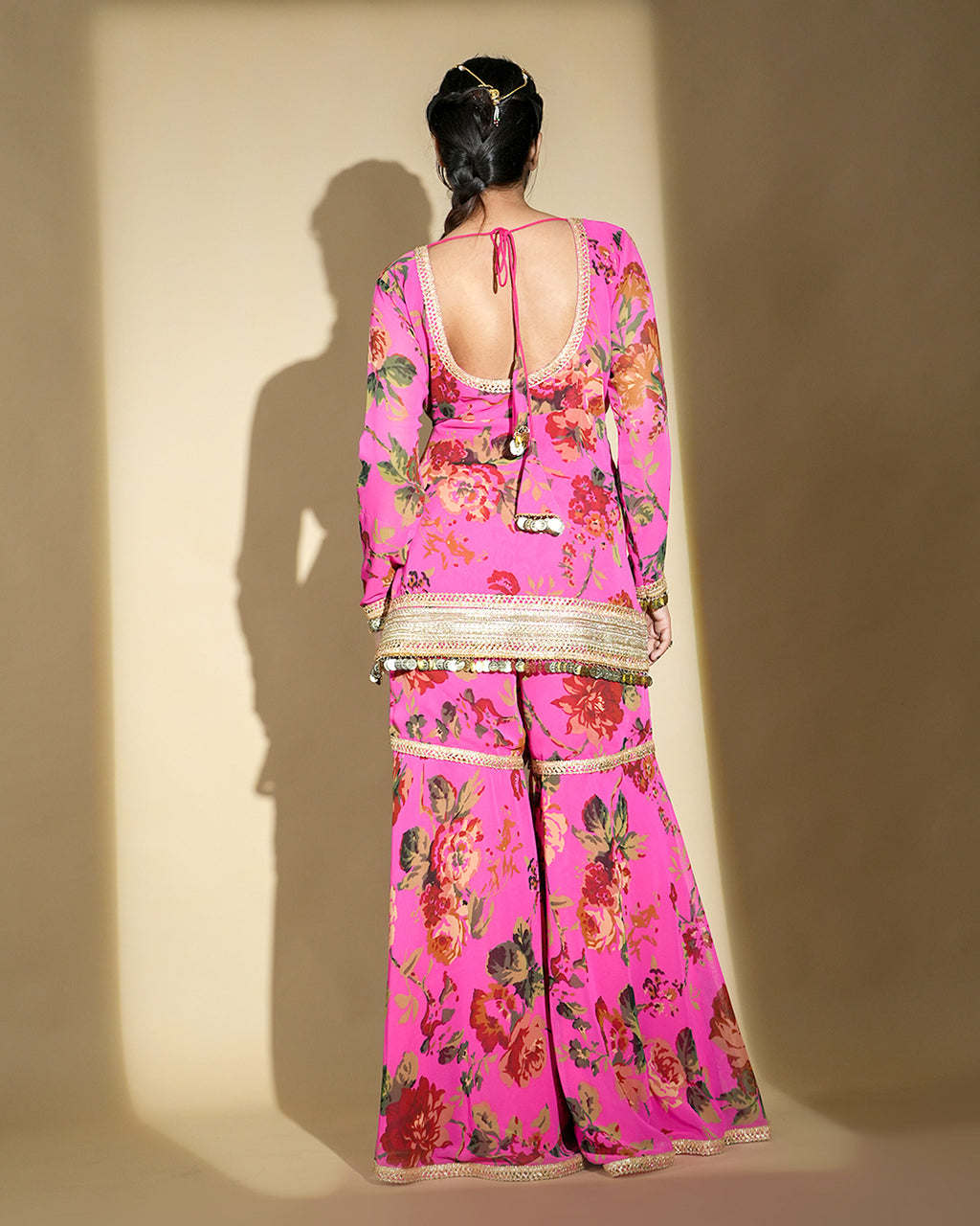 Hot pink floral print kurta set with palazzo pants