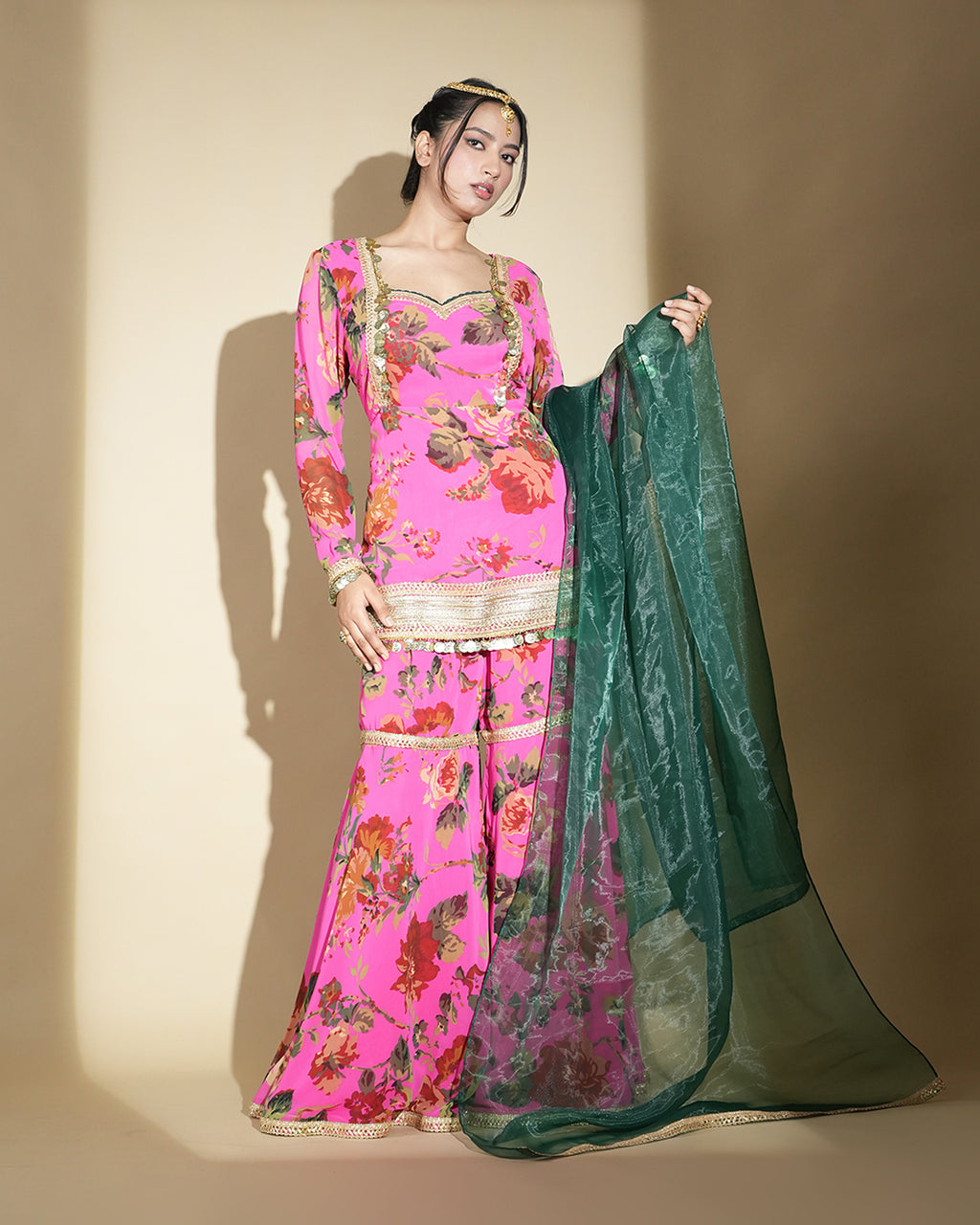 Hot pink floral print kurta set with palazzo pants