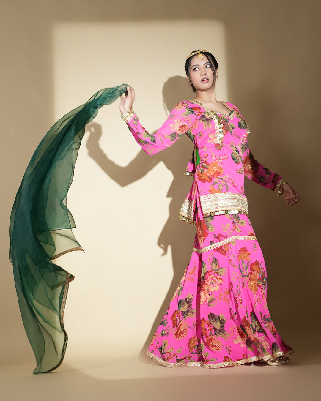 Hot pink floral print kurta set with palazzo pants