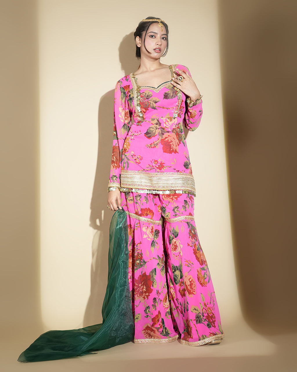 Hot pink floral print kurta set with palazzo pants