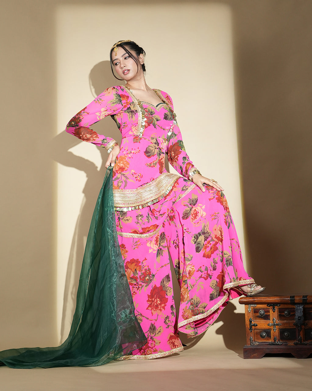 Hot pink floral print kurta set with palazzo pants