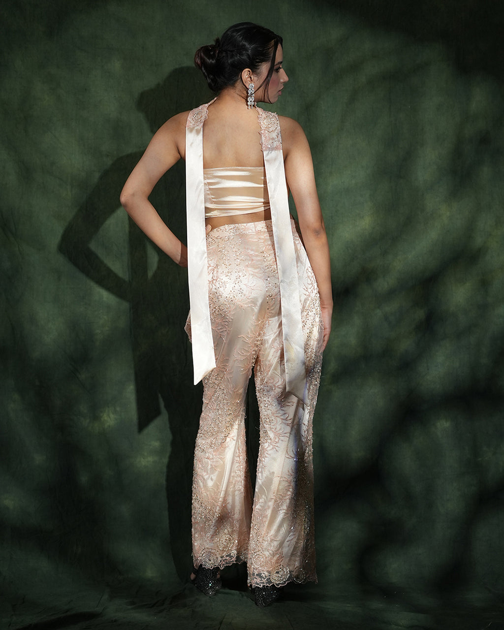 Champagne Embellished Corset Co-ord Set with Wide-Leg Pants