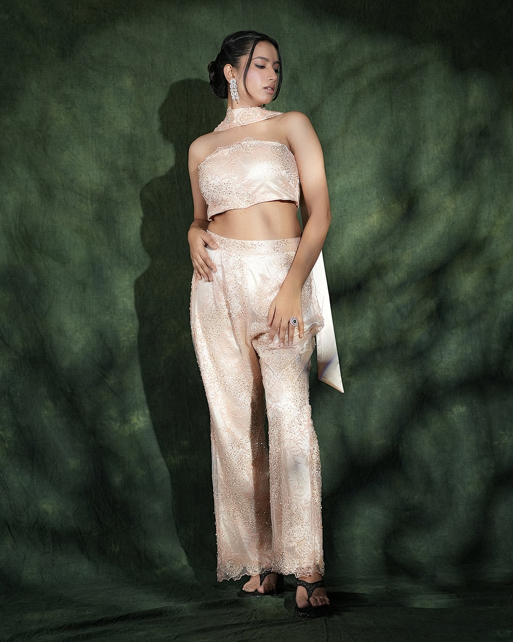 Champagne Embellished Corset Co-ord Set with Wide-Leg Pants