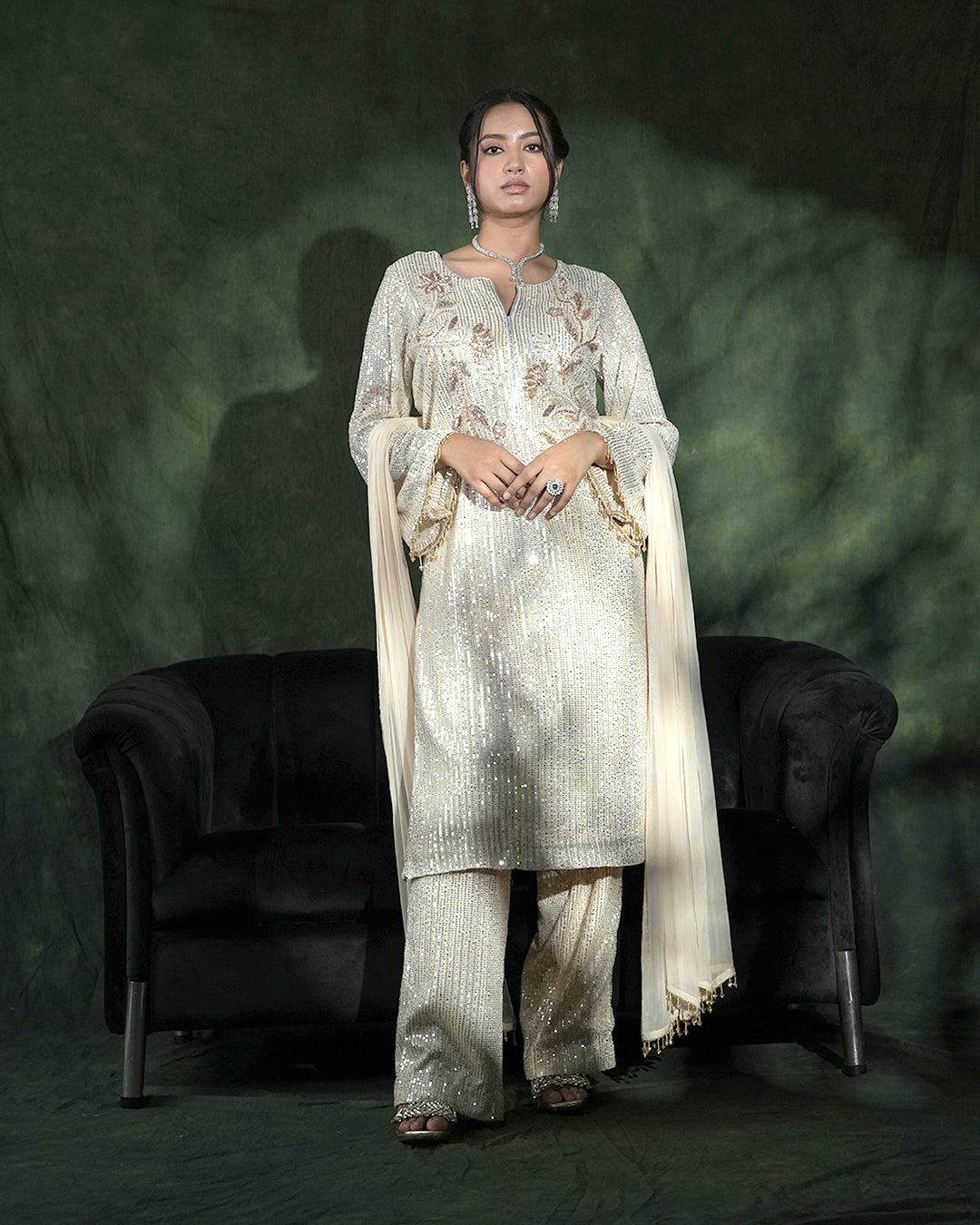 Ivory sequin embellished designer suit set with dupatta
