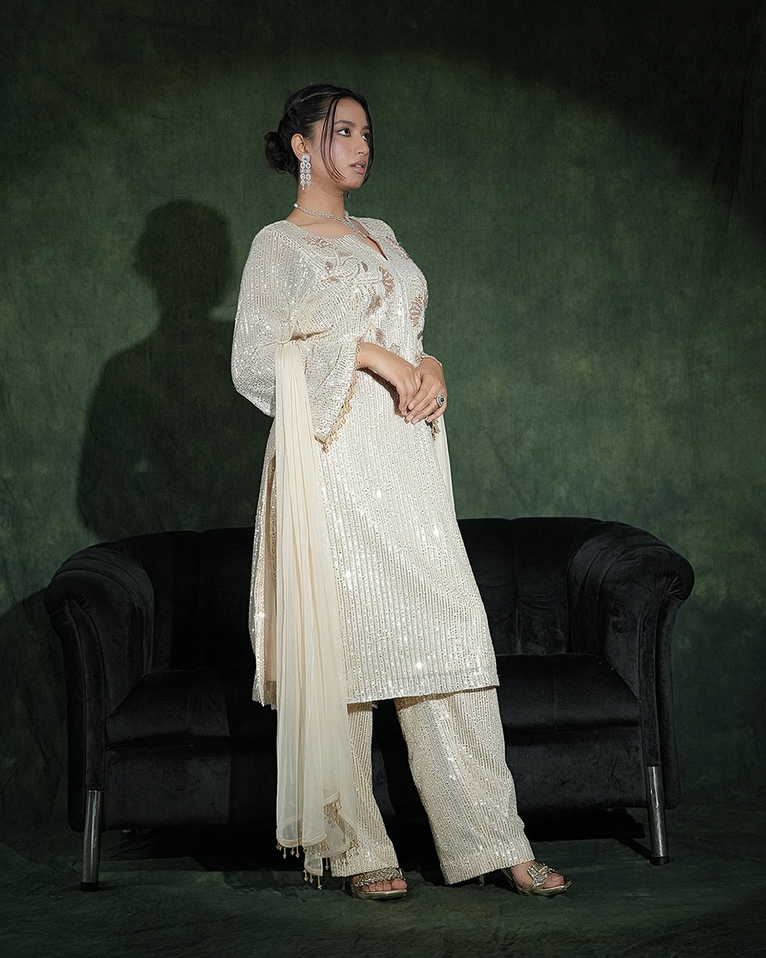 Ivory designer suit with floral sequin embroidery details