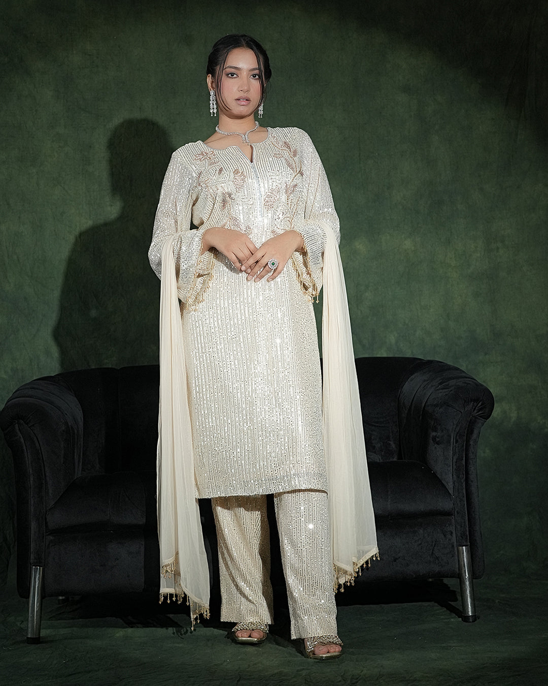 Ivory sequin suit with matching dupatta side view
