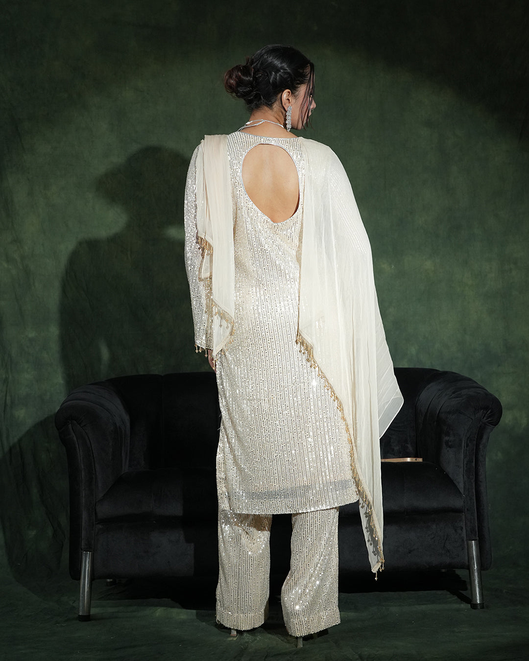Ivory embellished designer suit elegant back view women