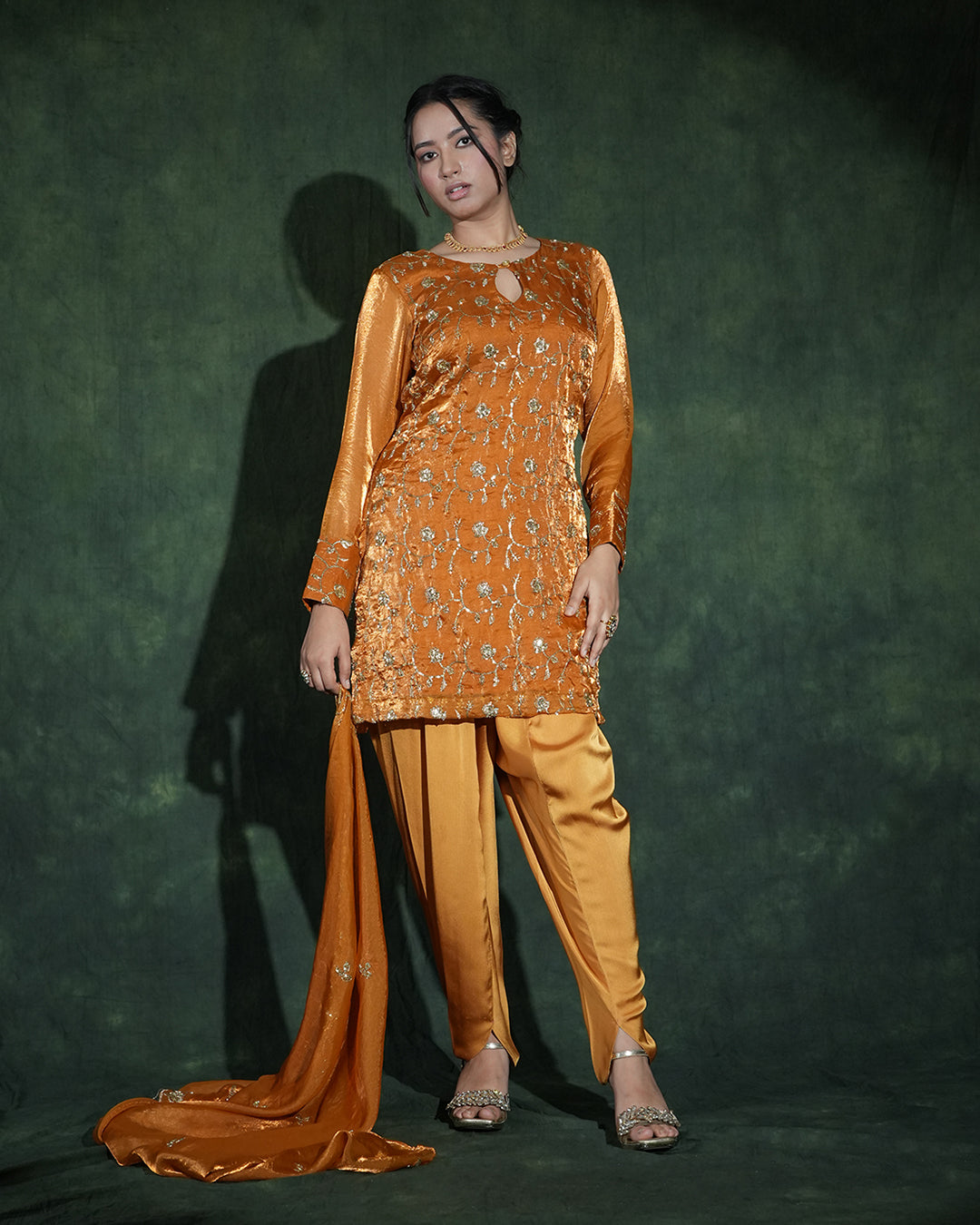 Mustard designer suit with floral sequin embroidery details