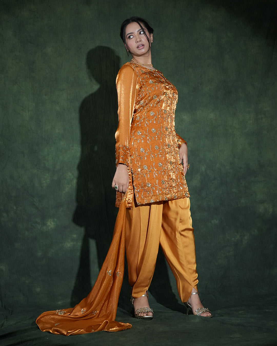 Mustard embellished suit set festive front view women