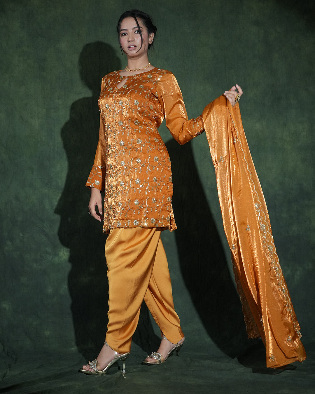 Mustard sequin suit with matching dupatta side view