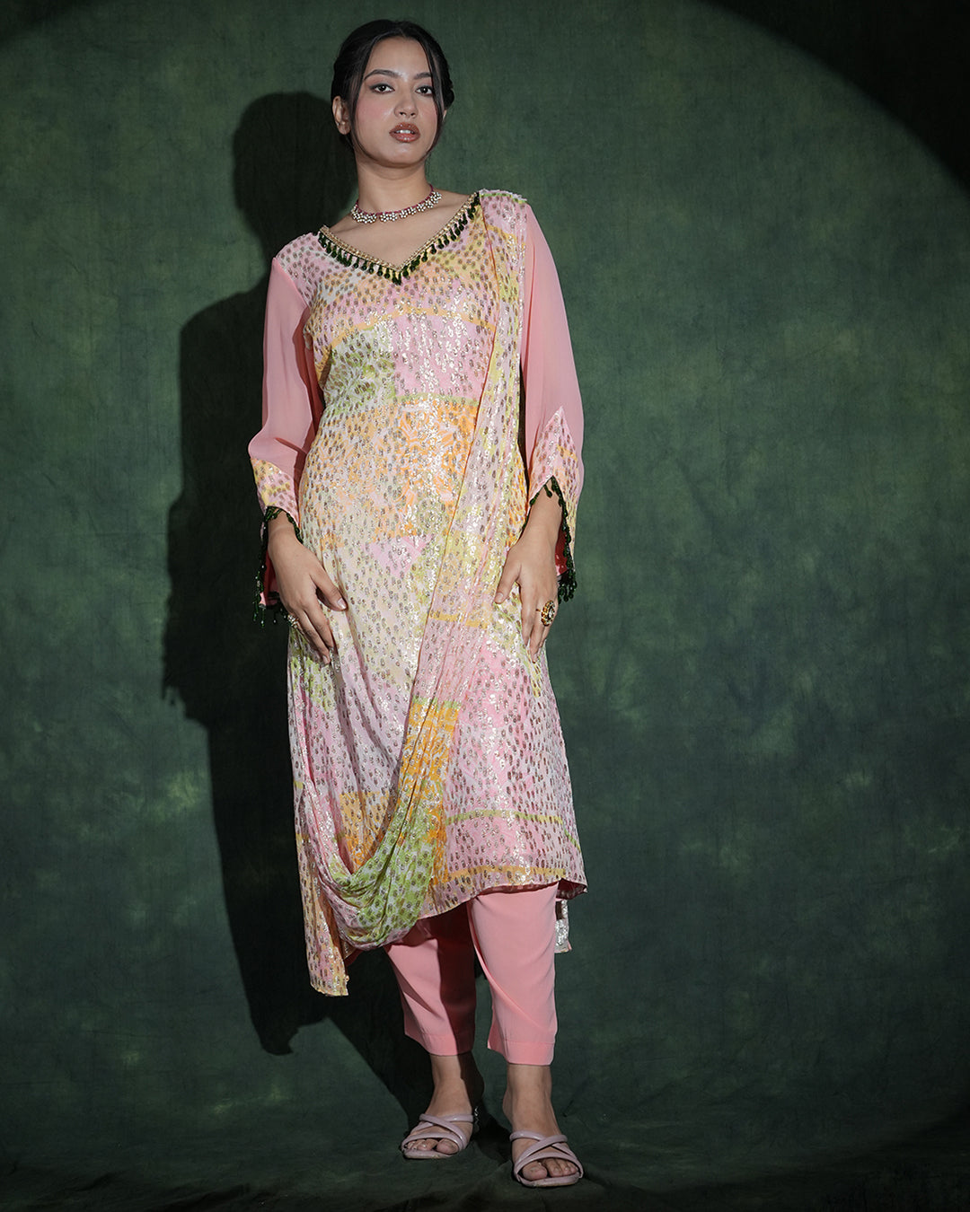 Pastel pink multicolor suit with sequin embroidery details