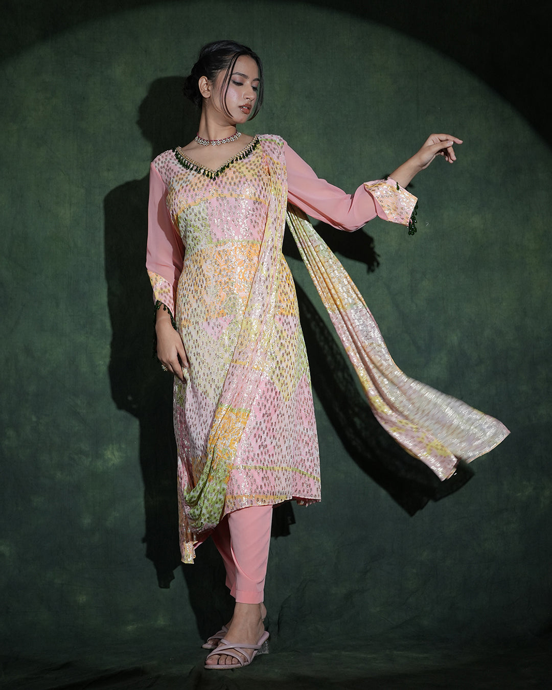 Pastel pink sequin designer suit set with dupatta