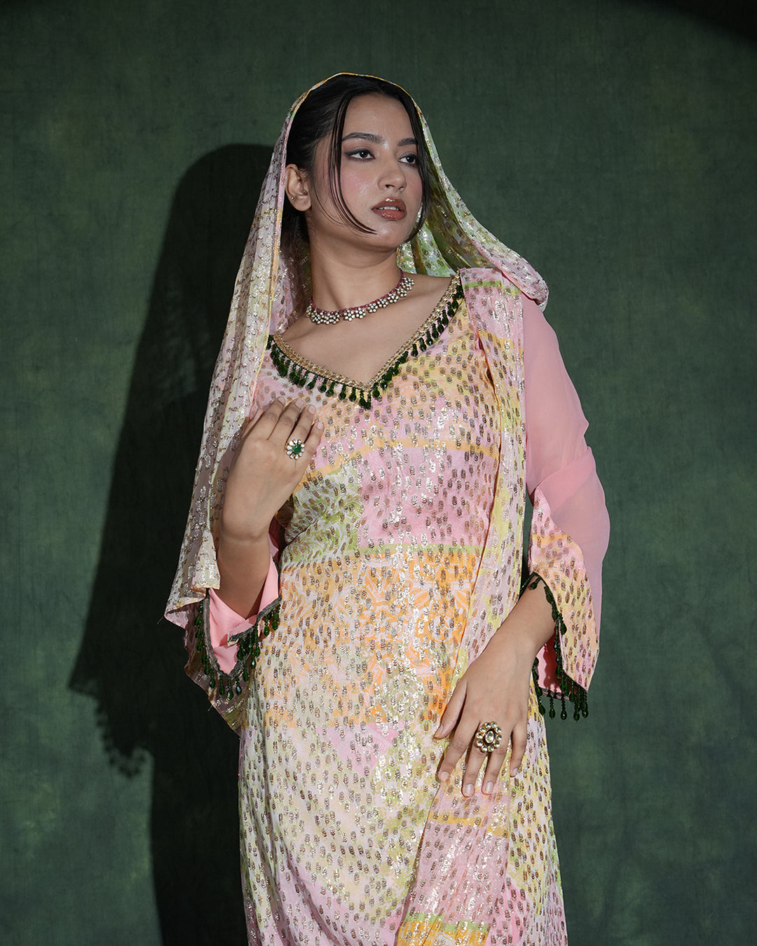 Pastel pink sequin suit with matching dupatta view