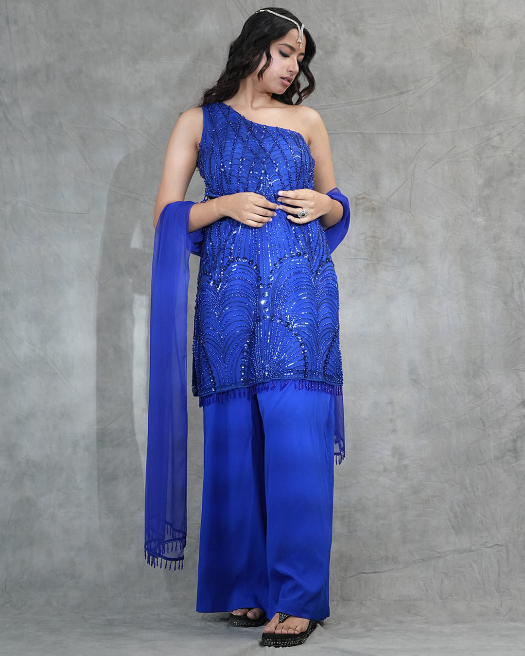 Royal Blue Sequin Embellished Suit Set with Dupatta