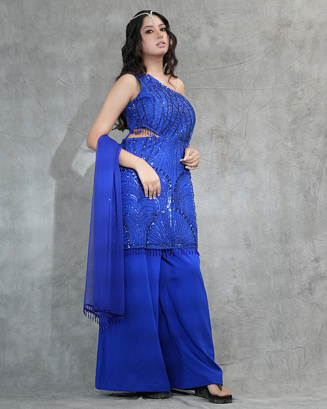 Royal Blue Sequin Embellished Suit Set with Dupatta
