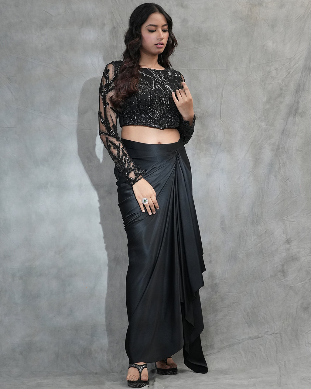 Black embellished crop top with sheer sleeves outfit