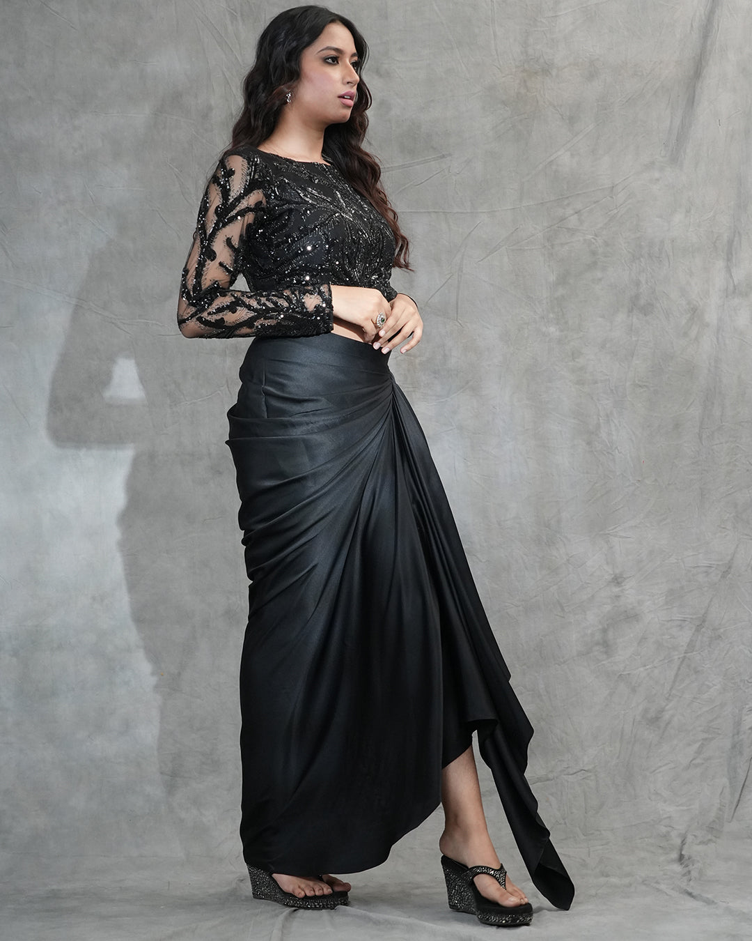 Black sequin crop top drape skirt side view