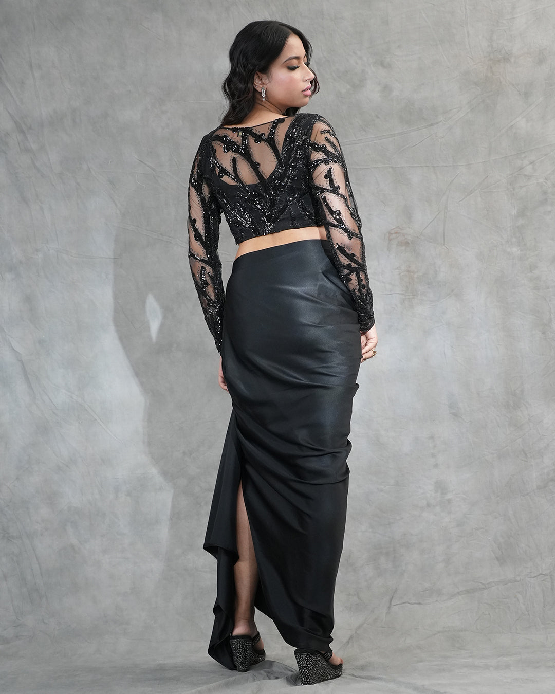 Black embellished drape skirt set elegant back view