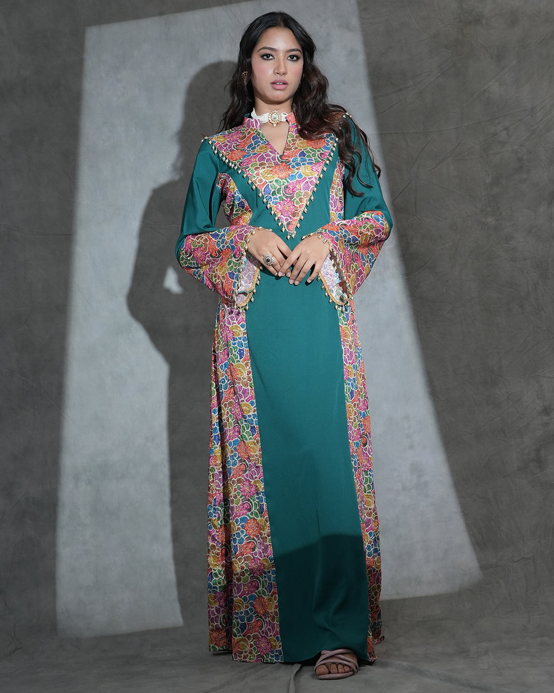 Teal long kurta with multicolour floral embroidery for women