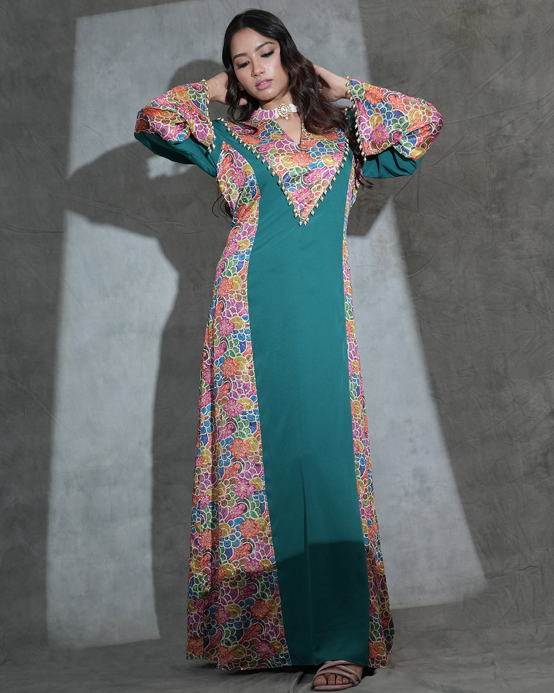 Full-length teal embroidered ethnic kurta for women