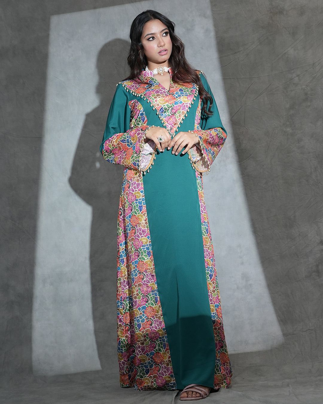 Teal embroidered long kurta with colourful side panels