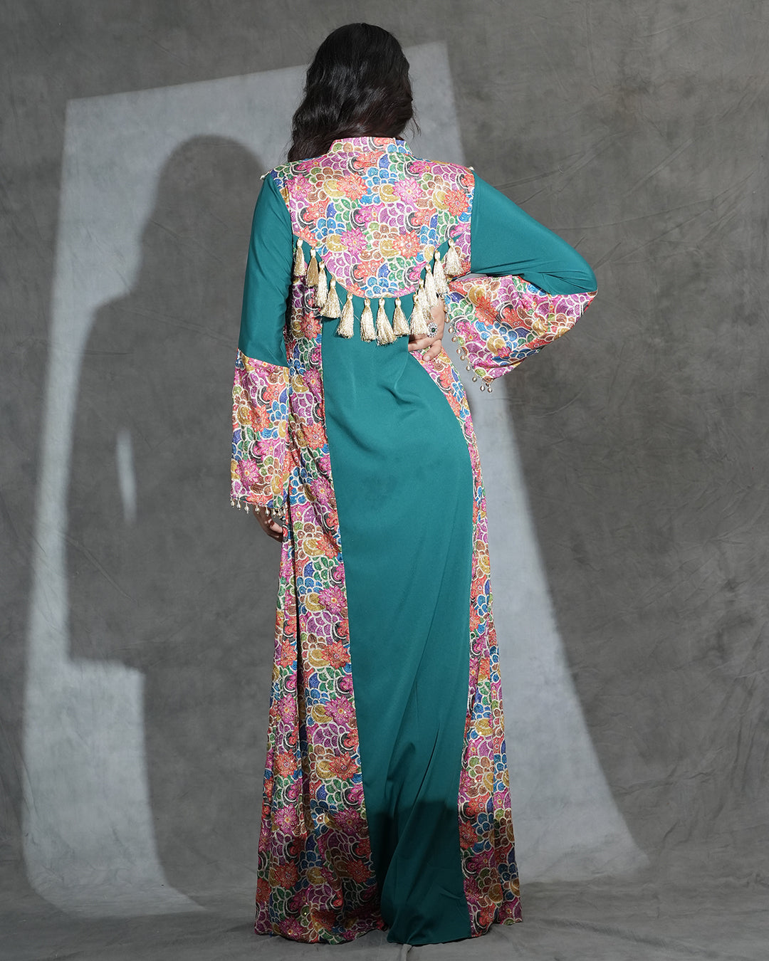 Back view of teal long kurta with multicolour floral embroidery for women