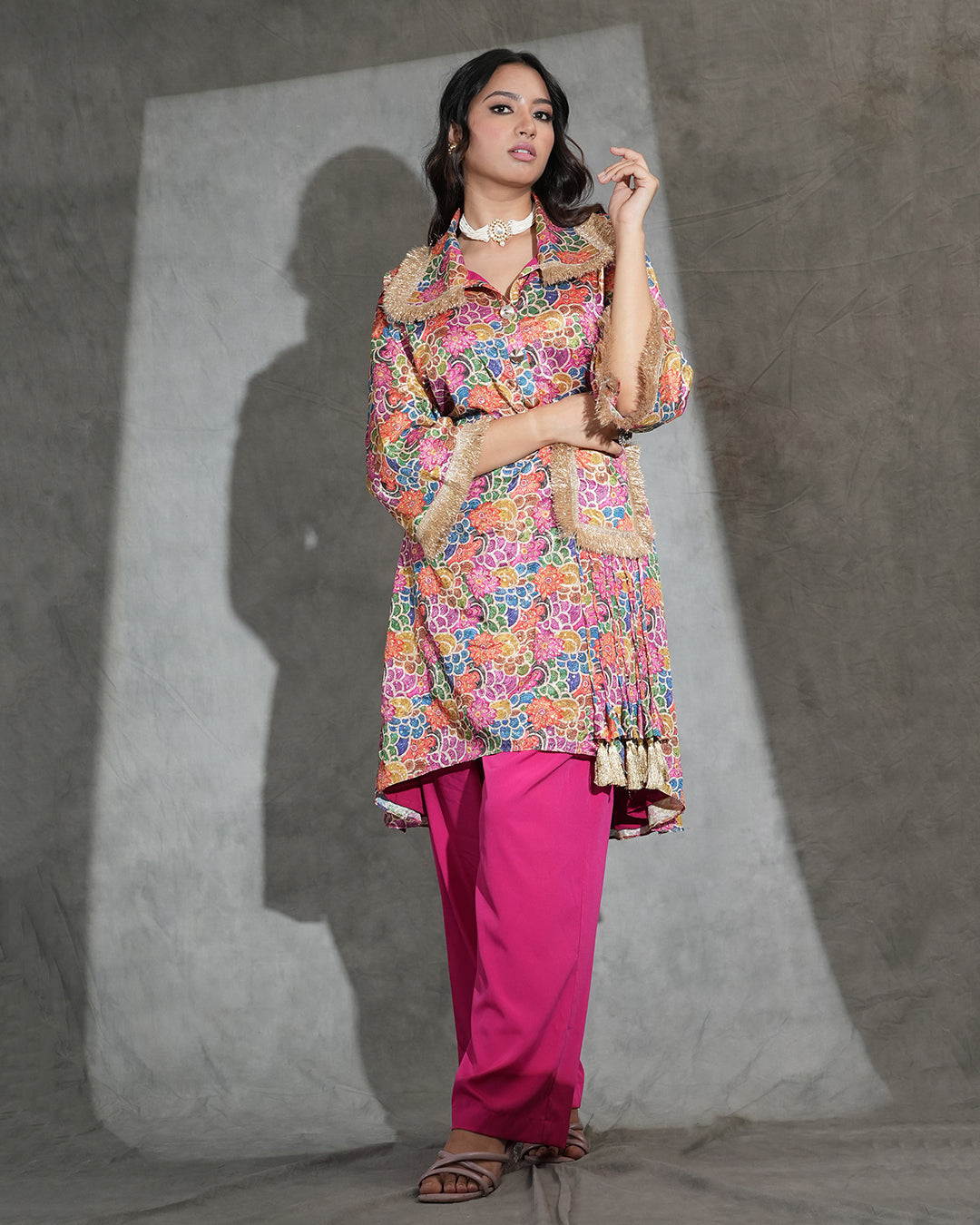 Multicolour floral jacket-style kurta with fringe detailing for women