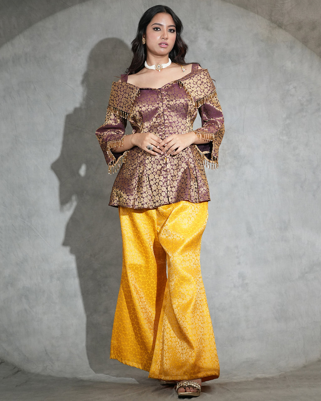 Brocade Peplum Top & Mustard Flared Pants Set